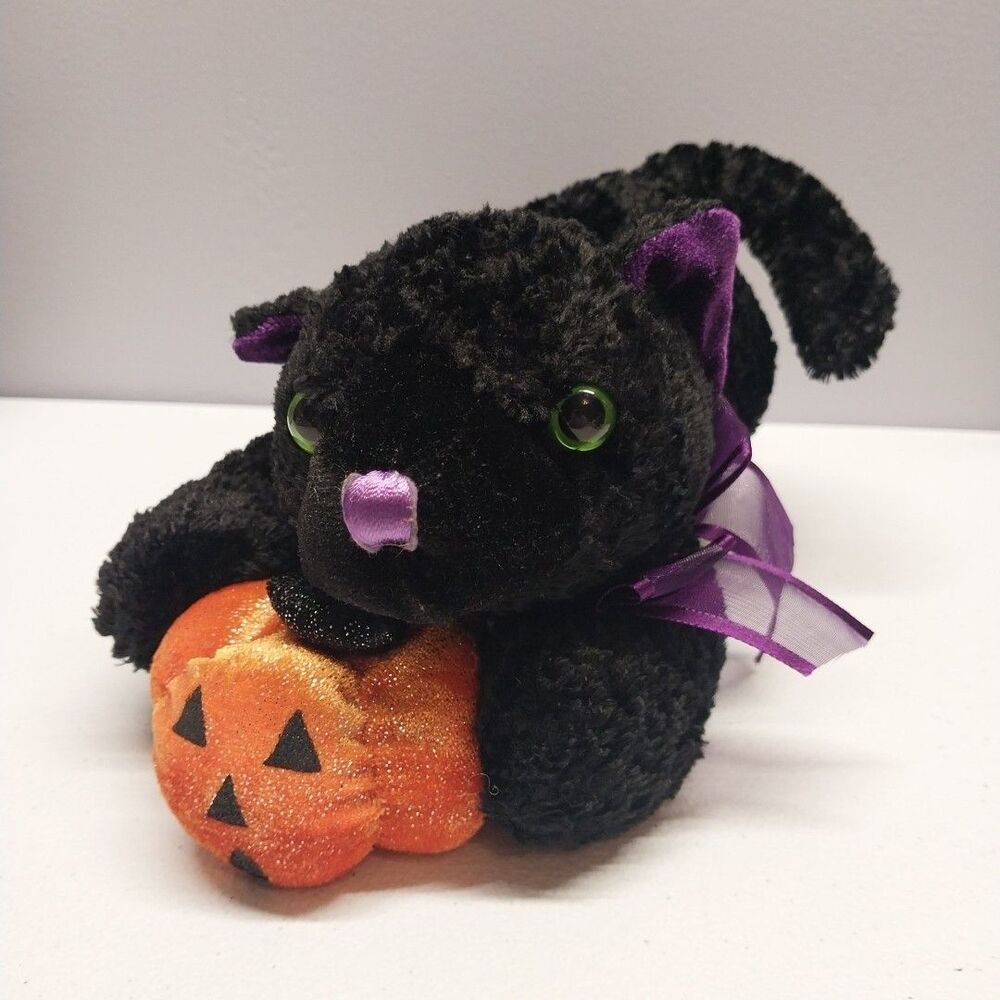 Vintage DanDee Black Cat Halloween Bean Bag Plush w Pumpkin